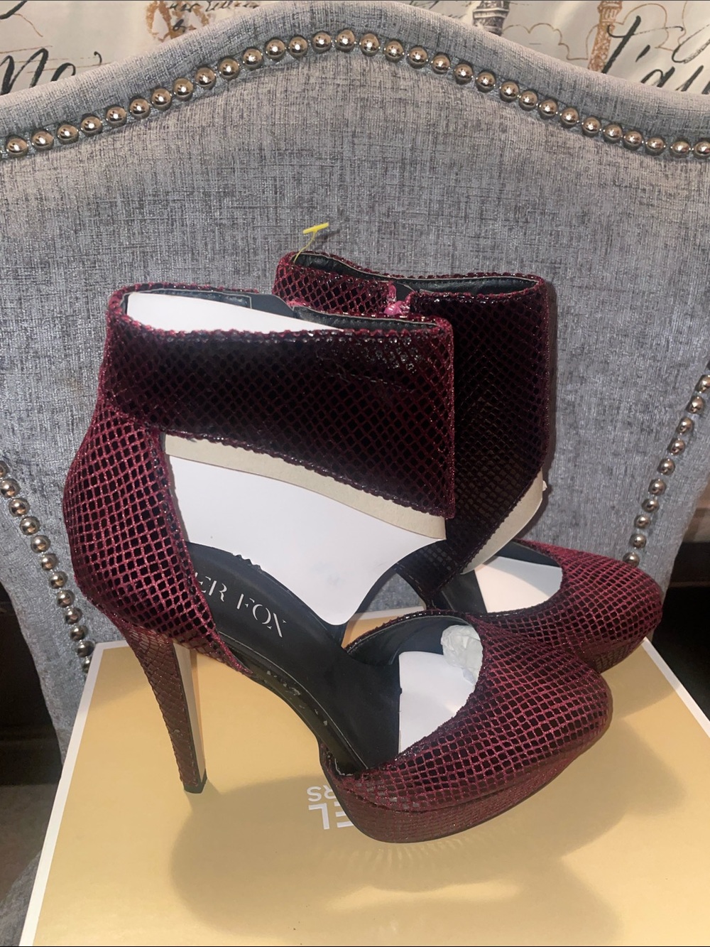 Women's Burgundy Textured Ankle-Strap High Heels PaperFox 9